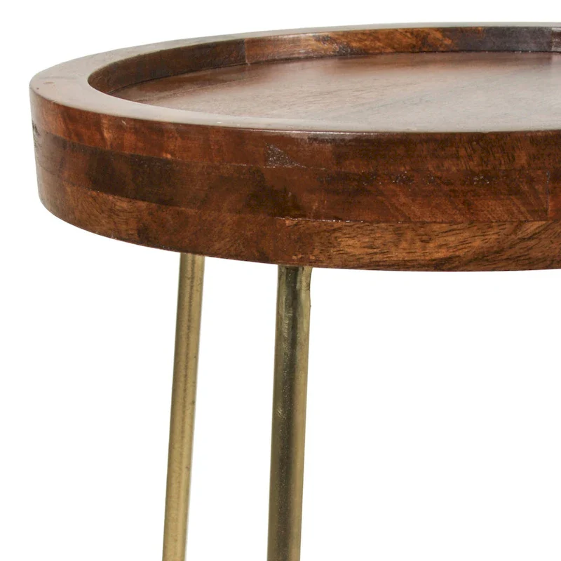 Gold Iron And Natural Wood Round Accent Table by East at Main