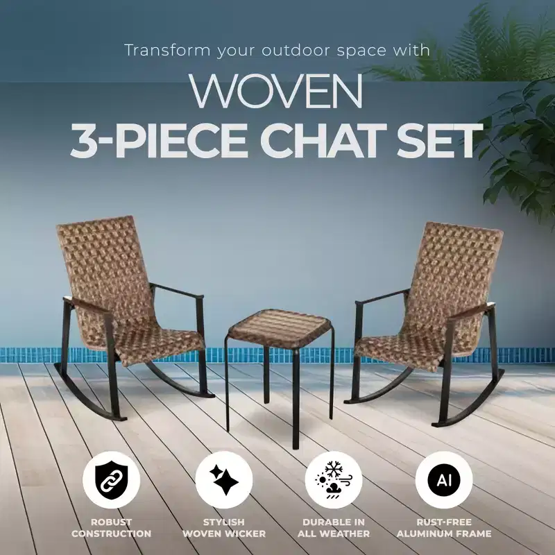 Four Seasons Courtyard Bayside 3 Piece All Weather Outdoor Wicker Woven Chat Furniture Set with 2 Rocking Chairs and Table, Brown