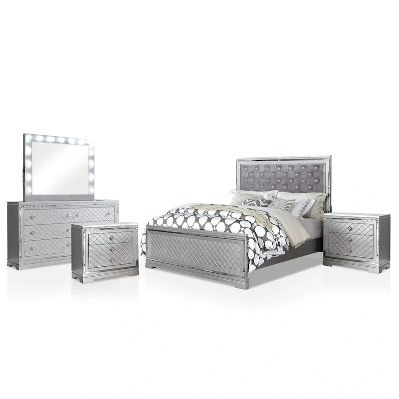 Grey Glam Silver 5-Piece Tufted Panel Bedroom Set, 2-Person