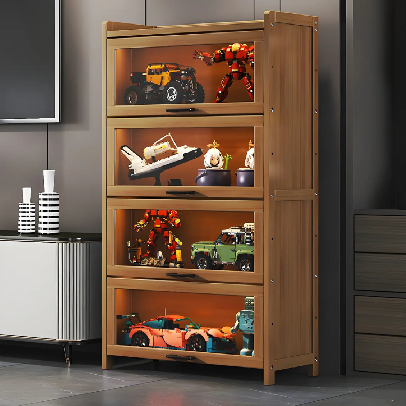 Living Room Modern Gray Bamboo Display Cabinet