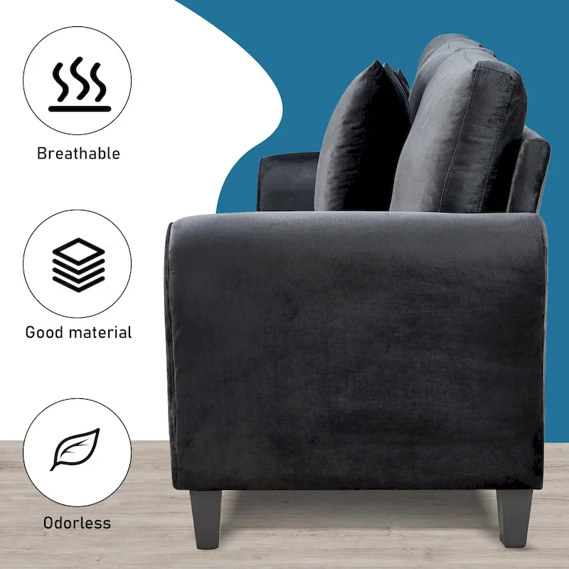 3-Seater Velvet Sofa with 2 Pillows, Black/White/Grey, Wood Frame, 3-Person
