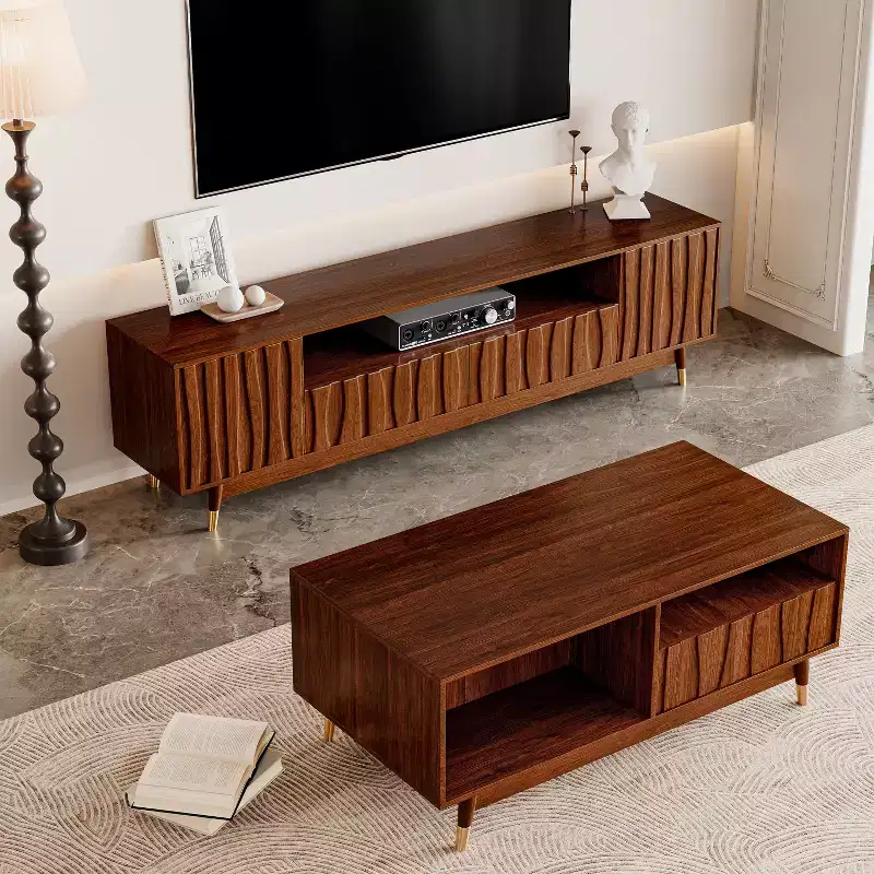 ATJafurn Wood TV Stand and Coffee Table Set Mid-Century Modern Entertainment Center with Storage and Drawer for Living Room Media Console Up to 75 TV