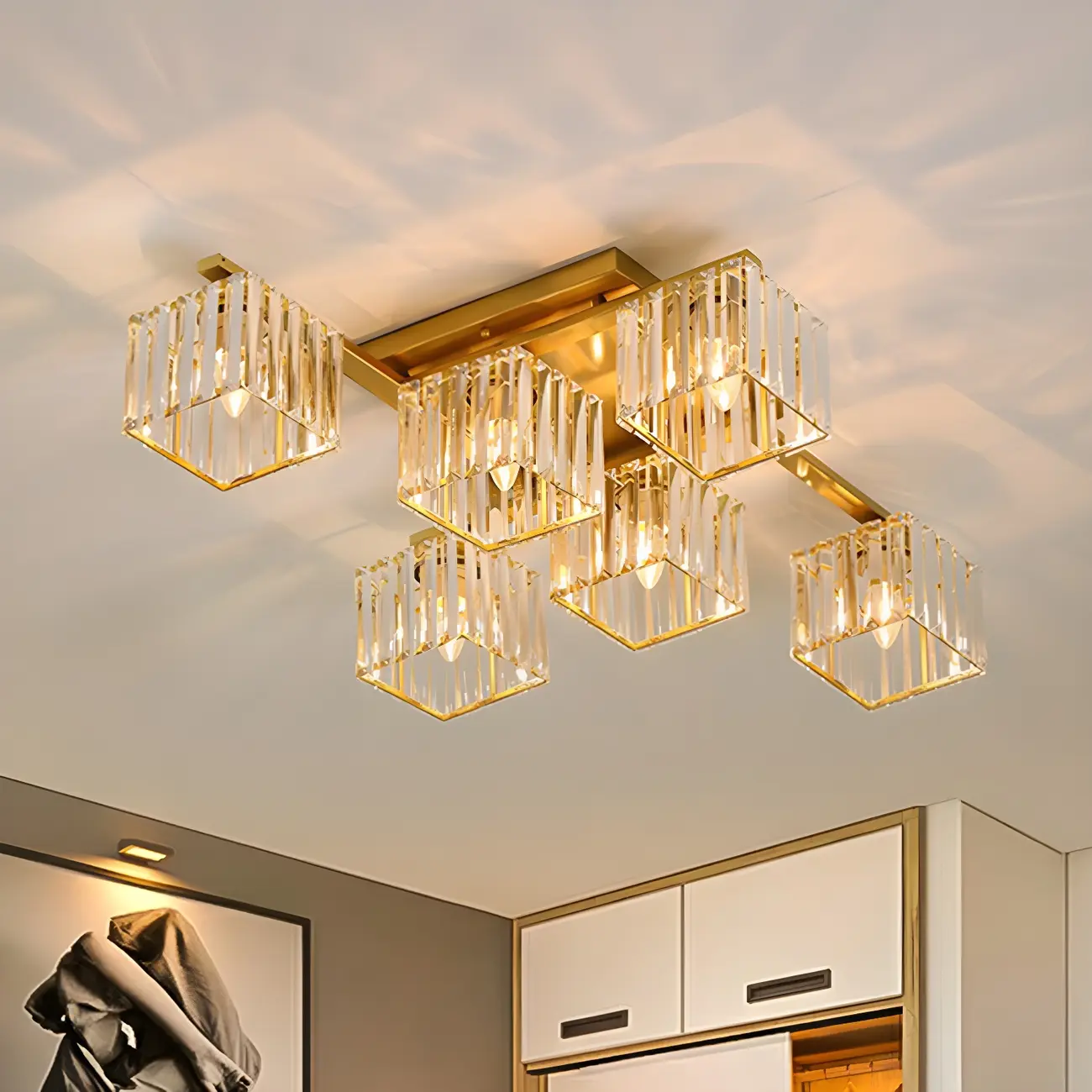 Modern Square Gold Crystal Flush Ceiling Light in 8 Lights
