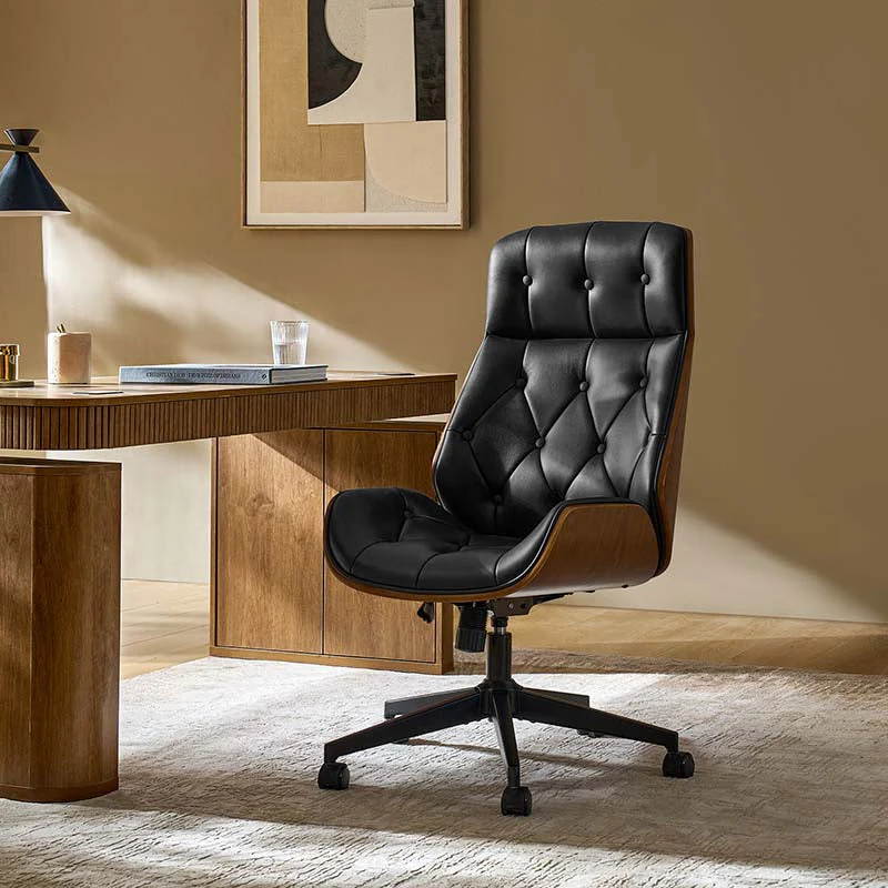 Tufted Bentwood Office Chair with Adjustable Height & Swivel Casters | Camel / Black | Leather or PU | Single Seat