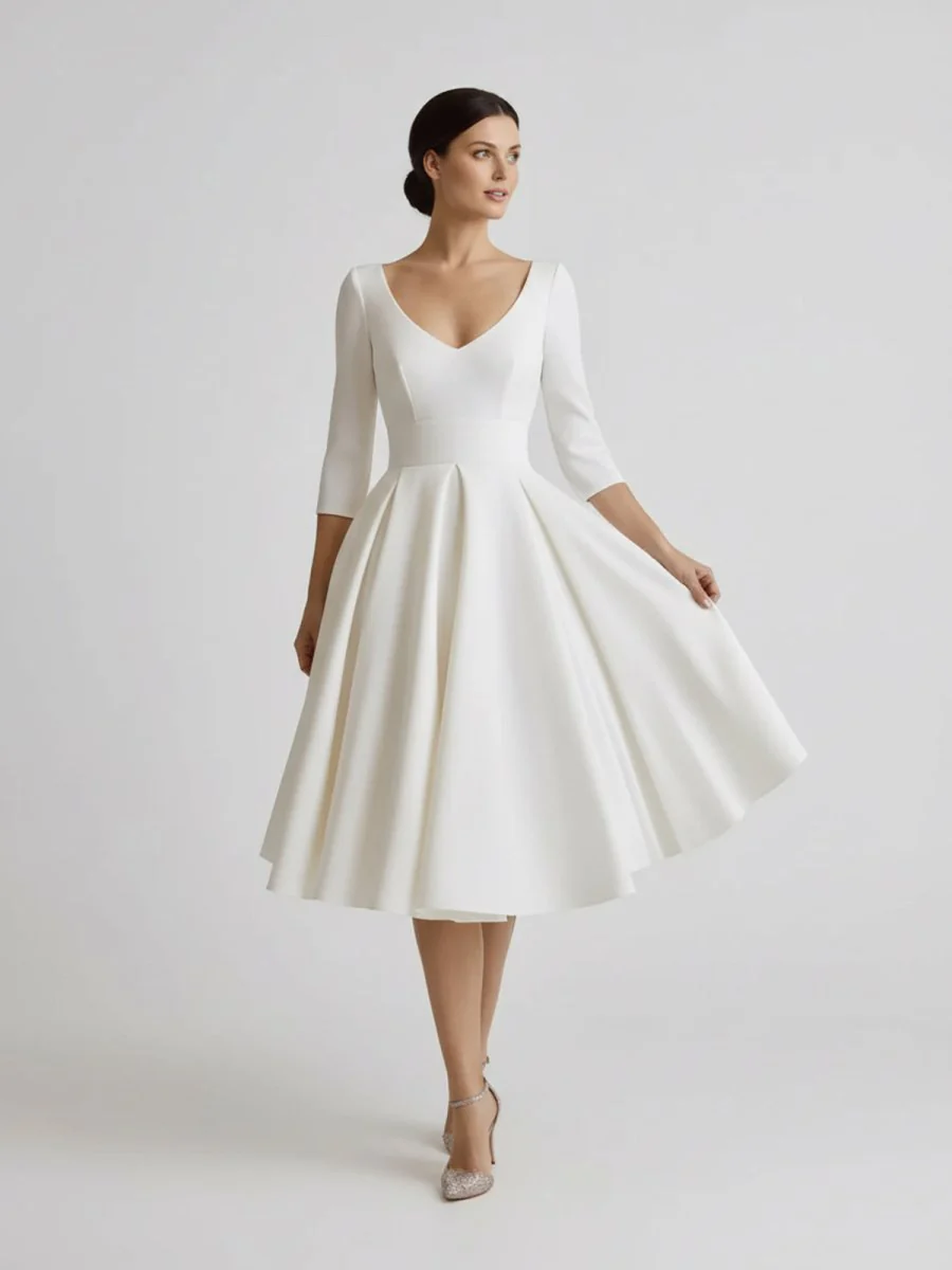 Vintage Sleeved A-Line V-neck Satin Tea Length Wedding Dress