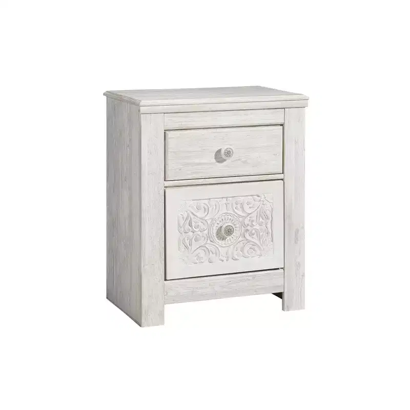 Paxberry Two Drawer Nightstand White Wash - Signature Design by Ashley: Traditional Storage, USB Ports, Wood Frame