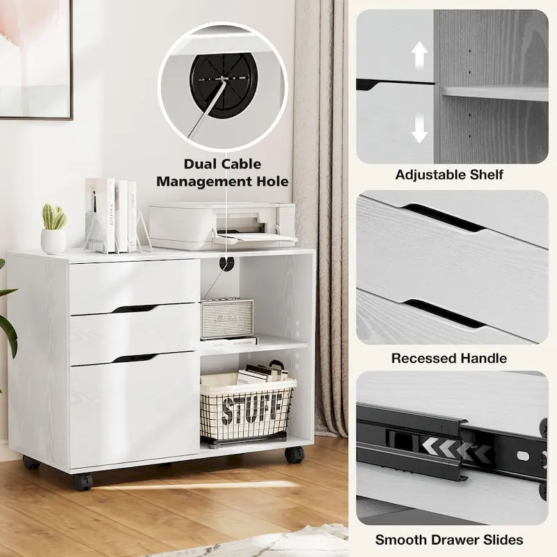 Mobile Lateral File Cabinet & Printer Stand with 3 Drawers and 2 Open Shelves