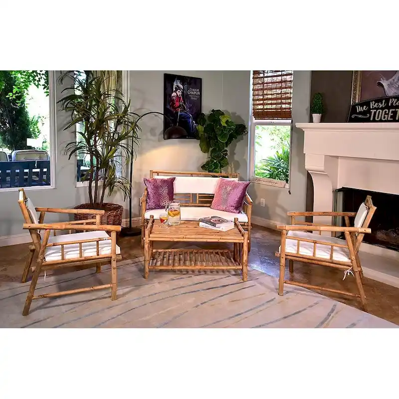 Bamboo Accent Sofa Set 4 Piece with Table