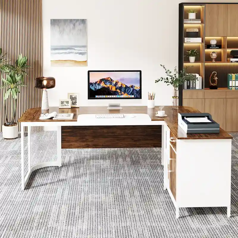 Large 63  L-Shaped Executive Office Desk with 31 File Cabinet