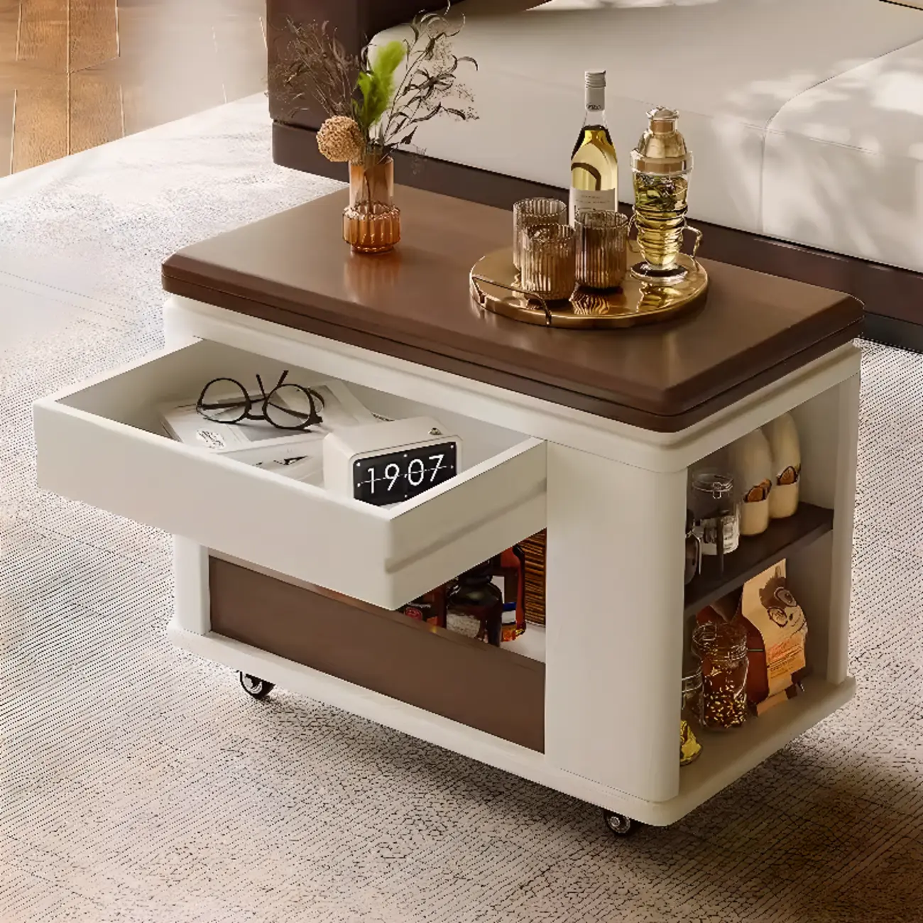 Multi-functional Wood Rolling Side Table Foldable Table Top