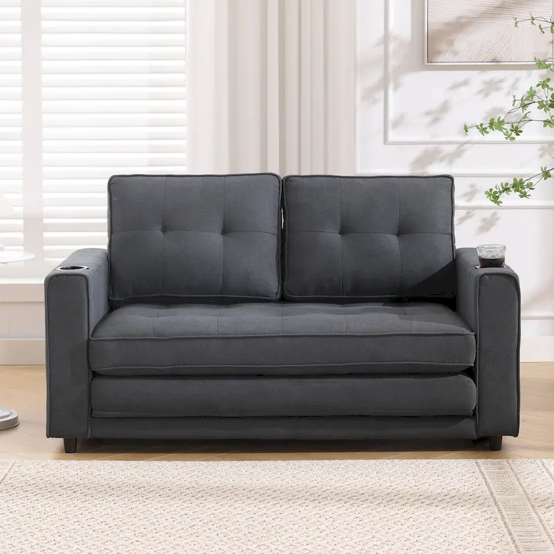 Foldable Tufted Loveseat with Pull Out Bed and Side Pockets