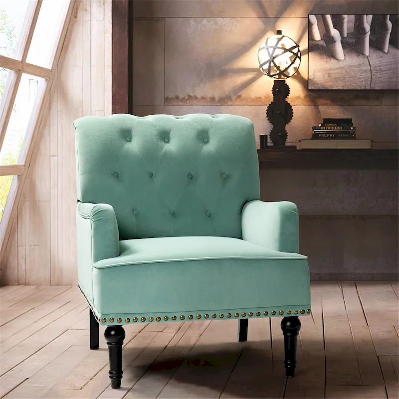 Velvet Button Tufted Accent Chair with Nailhead Trim