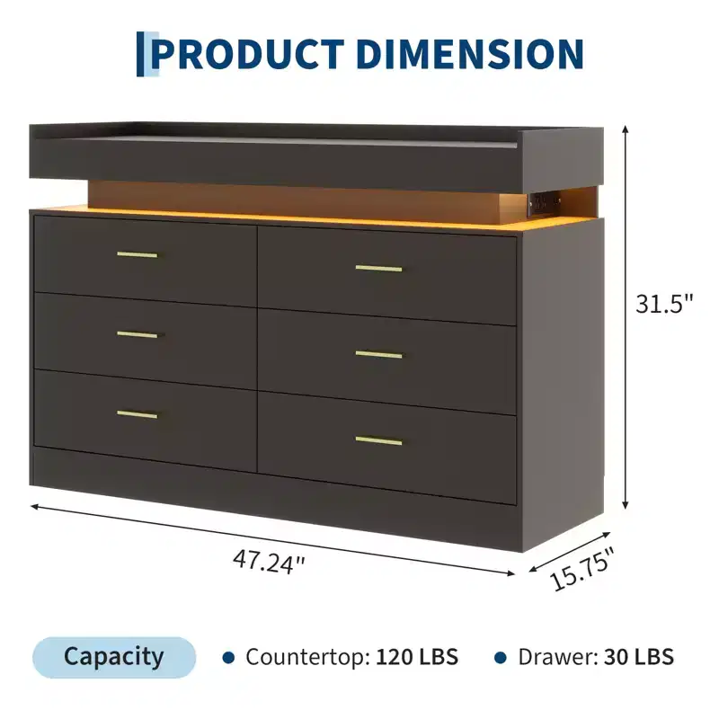 TV Stand Cabinet, Coffee Bar Cabinet Floating Countertop, Modern Sideboard Buffet 6 Drawers for Home, Living Room
