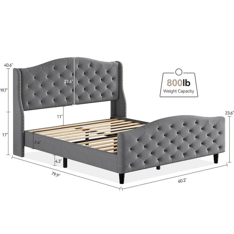 Bed Frame With Velvet Upholstered Headboard And Footboard