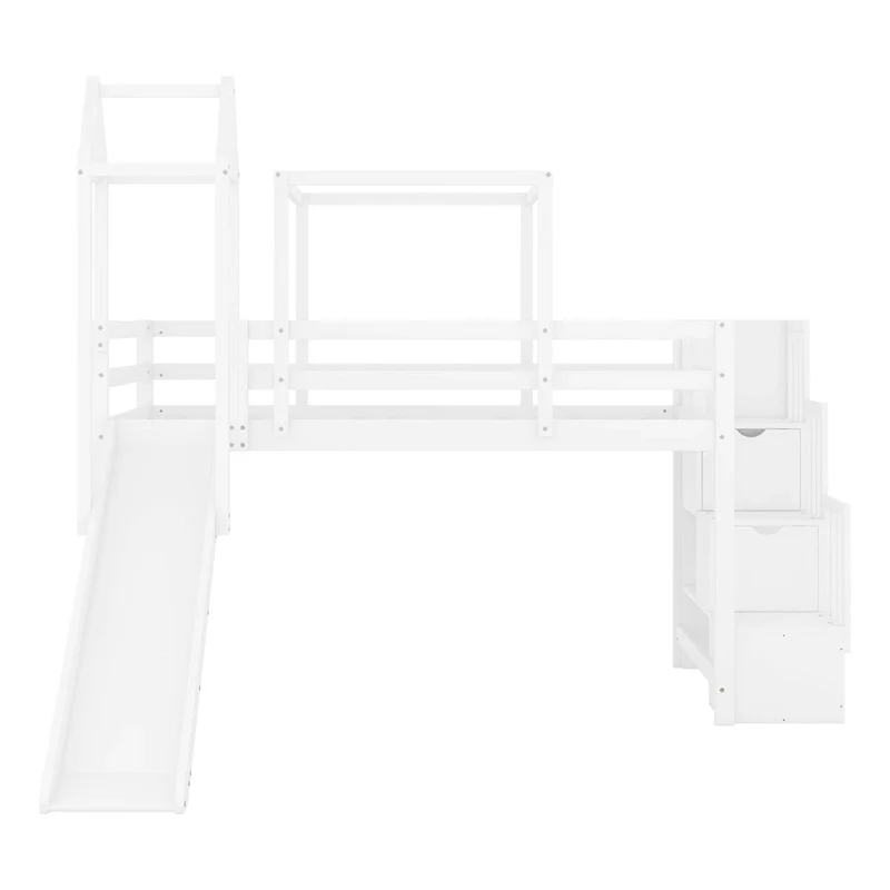 Twin Pine Loft Bed with Staircase, Slide, Tent, Tower, and Guardrail
