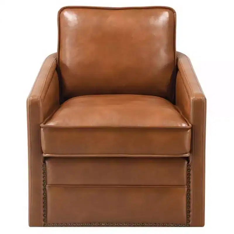 Royal Hampton 34 Inch Accent Chair with Swivel, Faux Leather Upholstery, Brown