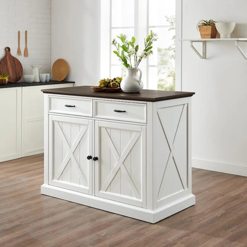Modern Farmhouse Kitchen Island with Storage Drawers & Adjustable Shelves