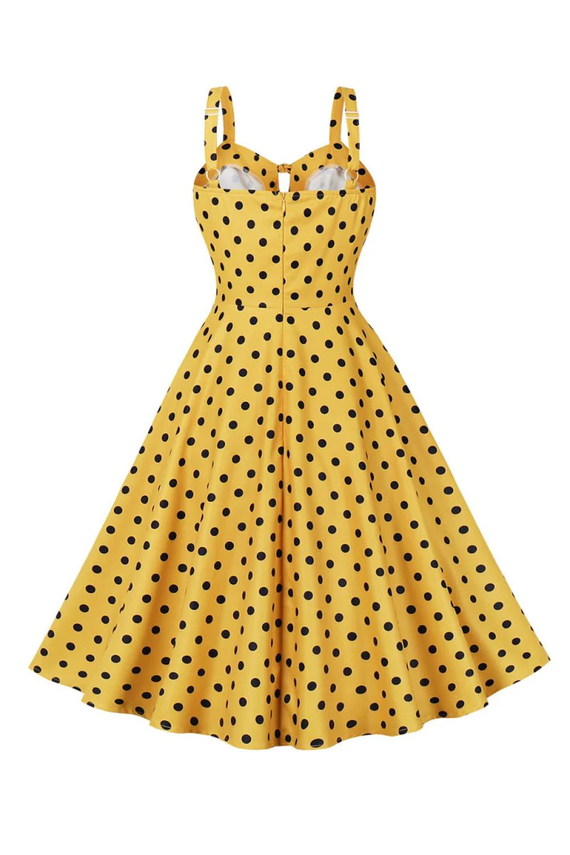 Spaghetti Straps Polka Dots Yellow 1950s Dress