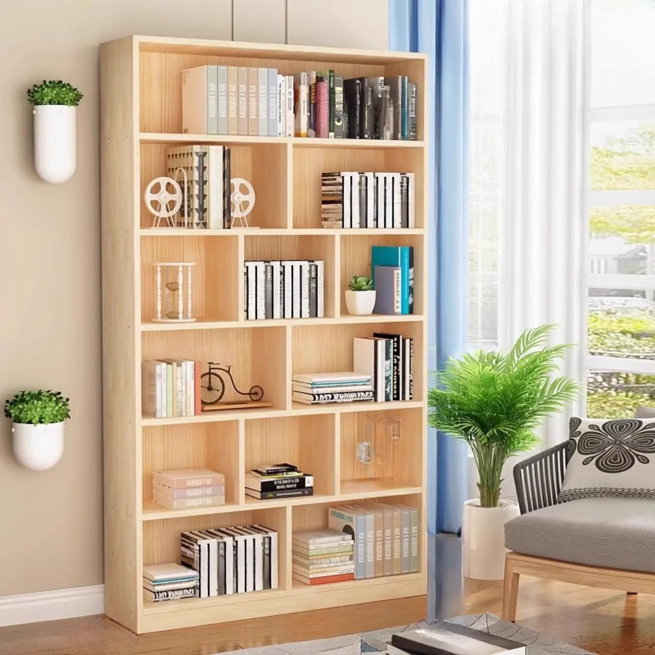Natural Finish Narrow 6 Shelves Wooden Bookcase with Drawer