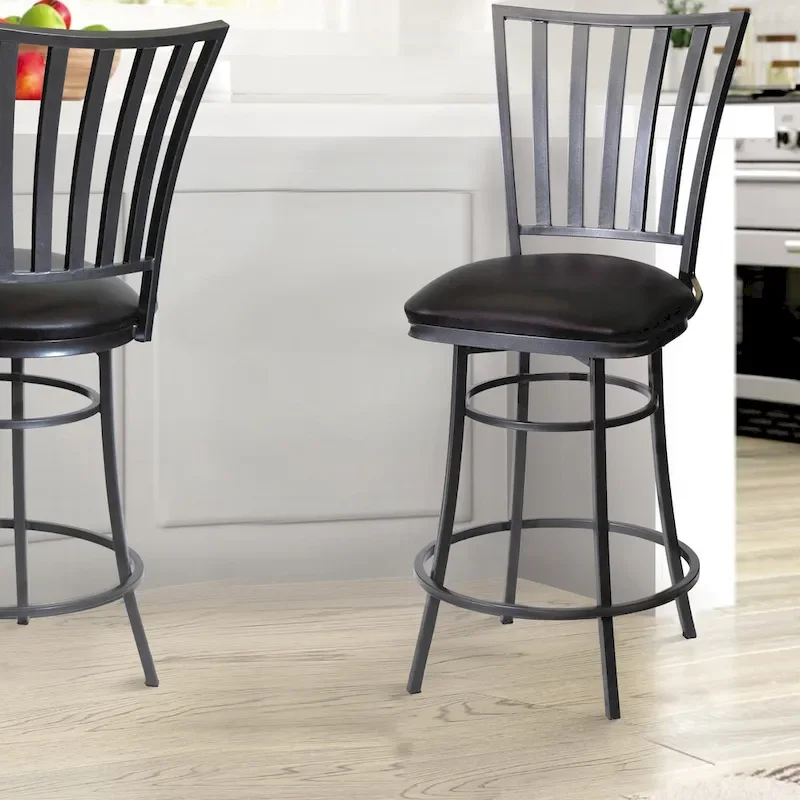 Black Faux Leather Swivel Bar Stool, Vertical Slat Back, Single Seat