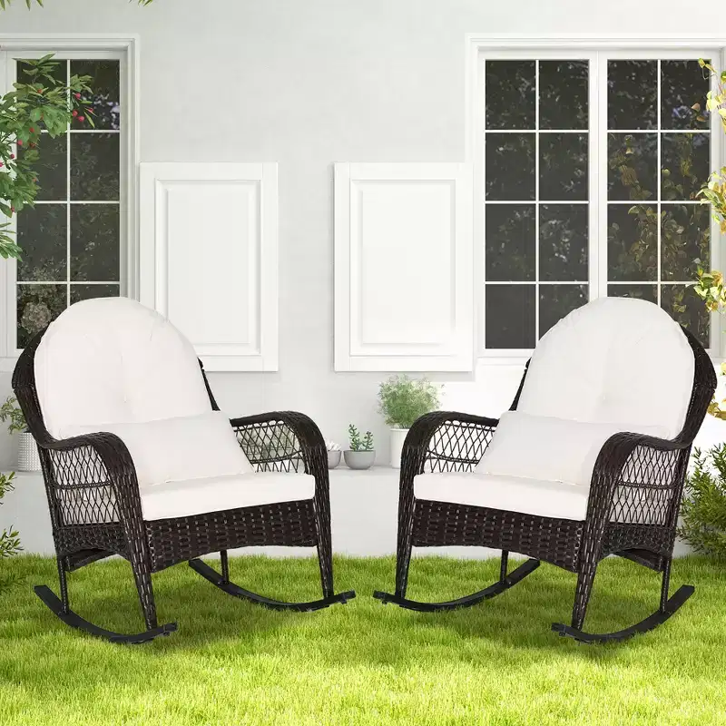 Costway 2PCS Patio Wicker Rocking Chair W/Seat Back Cushions & Lumbar Pillow Balcony