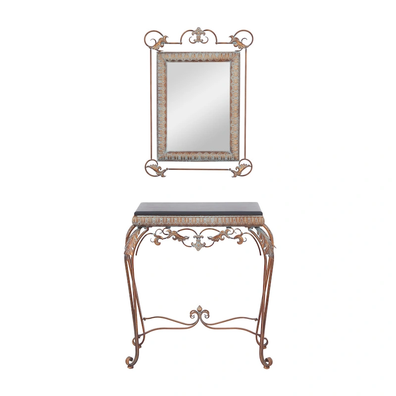 Metal Leaf Console Table with Mirror with Scrolled Legs - Set of 2 Bronze - Roche River Decor - 1 W x 23 L x 32 H