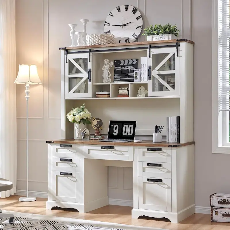 Farmhouse Desk, Wood Home Office Executive Desk with Charging Station