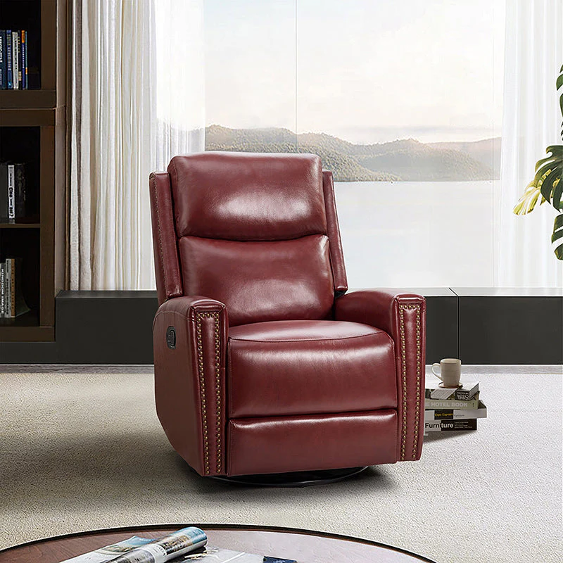 Genuine Leather Wingback Push-Back Recliner with Nailhead Trim, S-Spring & Manual 3-Position | Burgundy / Camel / Brown / Black / Dove / Navy / Beige / Sage / Taupe | Single Seat