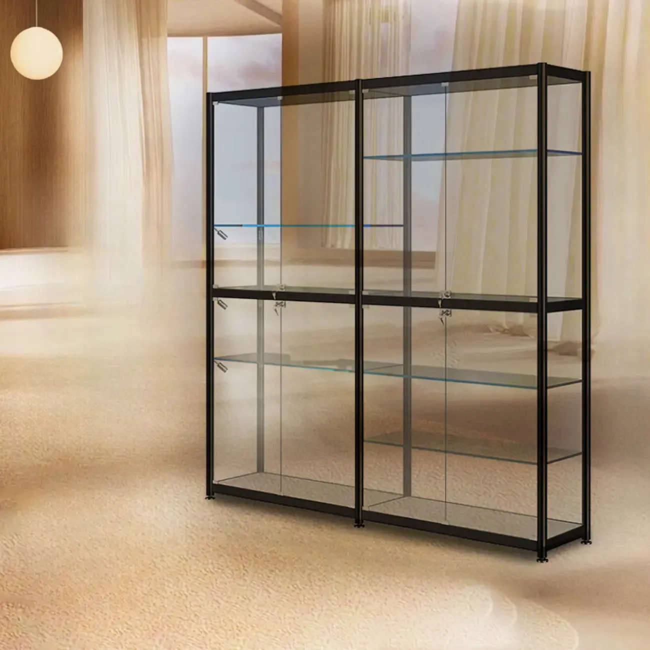 Modern Black Clear Glass LED Adjustable Display Cabinet