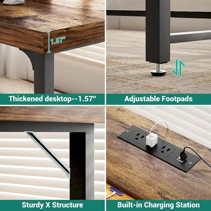 55 Inch Computer Desk with Socket and LED Light,Home Office Desk with 1.5 inch Thickened desktop,Writing Study Gaming Table