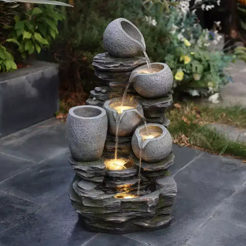 LuxenHome 30 Garden Water Fountain, 4 Tiers Cascading Pots & Rock Cascading Waterfall Fountain Outdoor with LED Lights Gray
