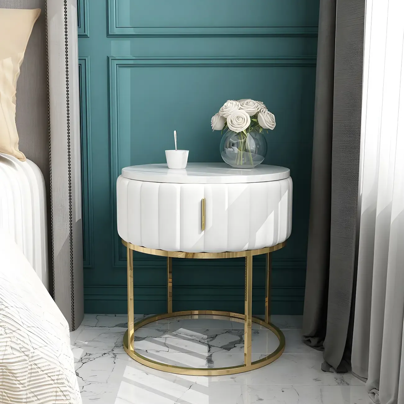 Glam Genuine Marble Nightstand with Drawers & Metal Base