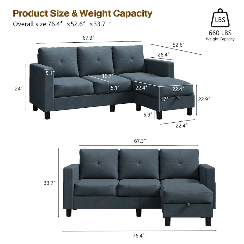 Futzca Modern L-shaped Convertible Sectional Sofa w/ Reversible Chaise