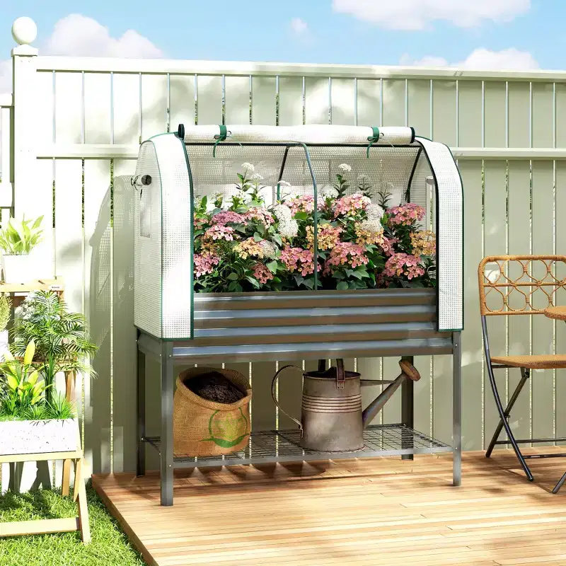 Outsunny Galvanised Raised Garden Bed with Greenhouse Cover, Metal Elevated Garden Bed with Bed Liner and Bottom Shelf