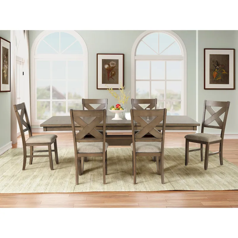 Roundhill Furniture Raven Wood 7-Piece Dining Set, Extendable Dining Table with 6 Chairs, Glazed Pine Brown