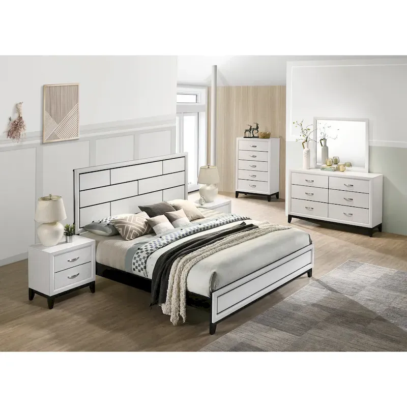 White 6-Piece Bedroom Set, Panel Bed with Carved Headboard, Dresser, Mirror, 2 Nightstands & Chest