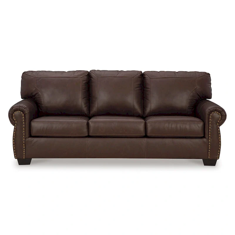 92 Inch Sofa, Nailhead Trim, Cushion Seating, Brown Leather Upholstery