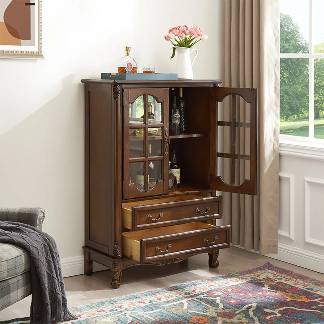 Traditional 34 Wood Wine Bar Cabinet with Drawers