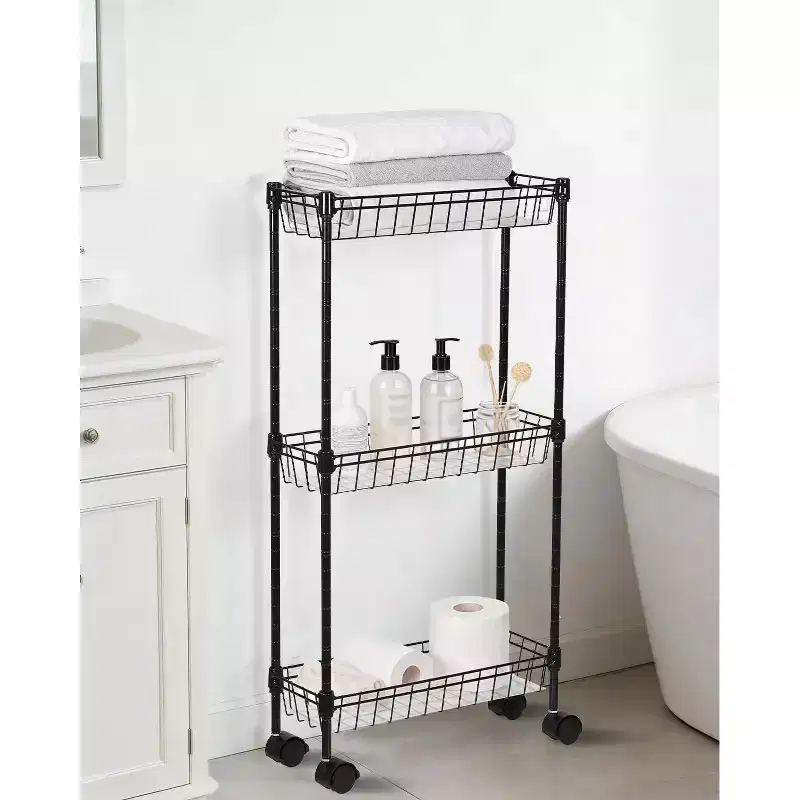 Slim 3-Tier/4-Tier Metal Rolling Storage Cart with Wheels & Baskets, Adjustable Space-Saving Organizer for Kitchen Office Bathroom Garage, Black