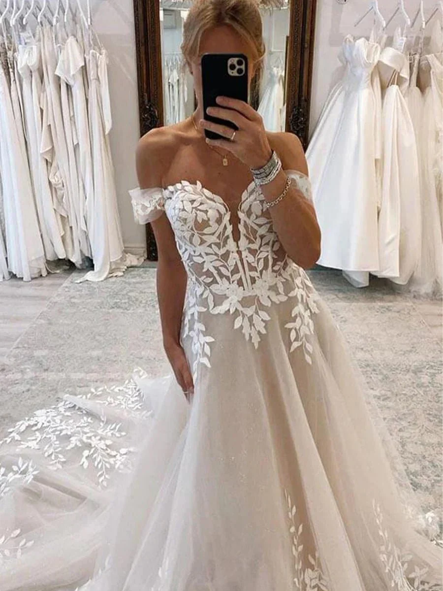 A-line Lace Beach Wedding Dress with Off Shoulder Tulle Appliques