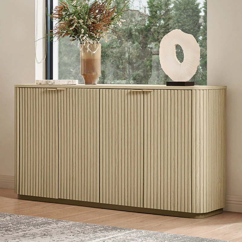 Curved 4-Door Cabinet with Vertical Stripe Texture, 3 Drawers, Adjustable Shelves & Metal Base | Natural / Acorn | Single