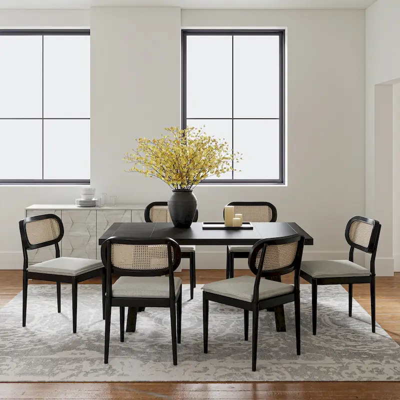 Konstantin Modern Solid Wood Dining Chair with Ratten Back and Removable Cushion Set of 6 by HULALA HOME