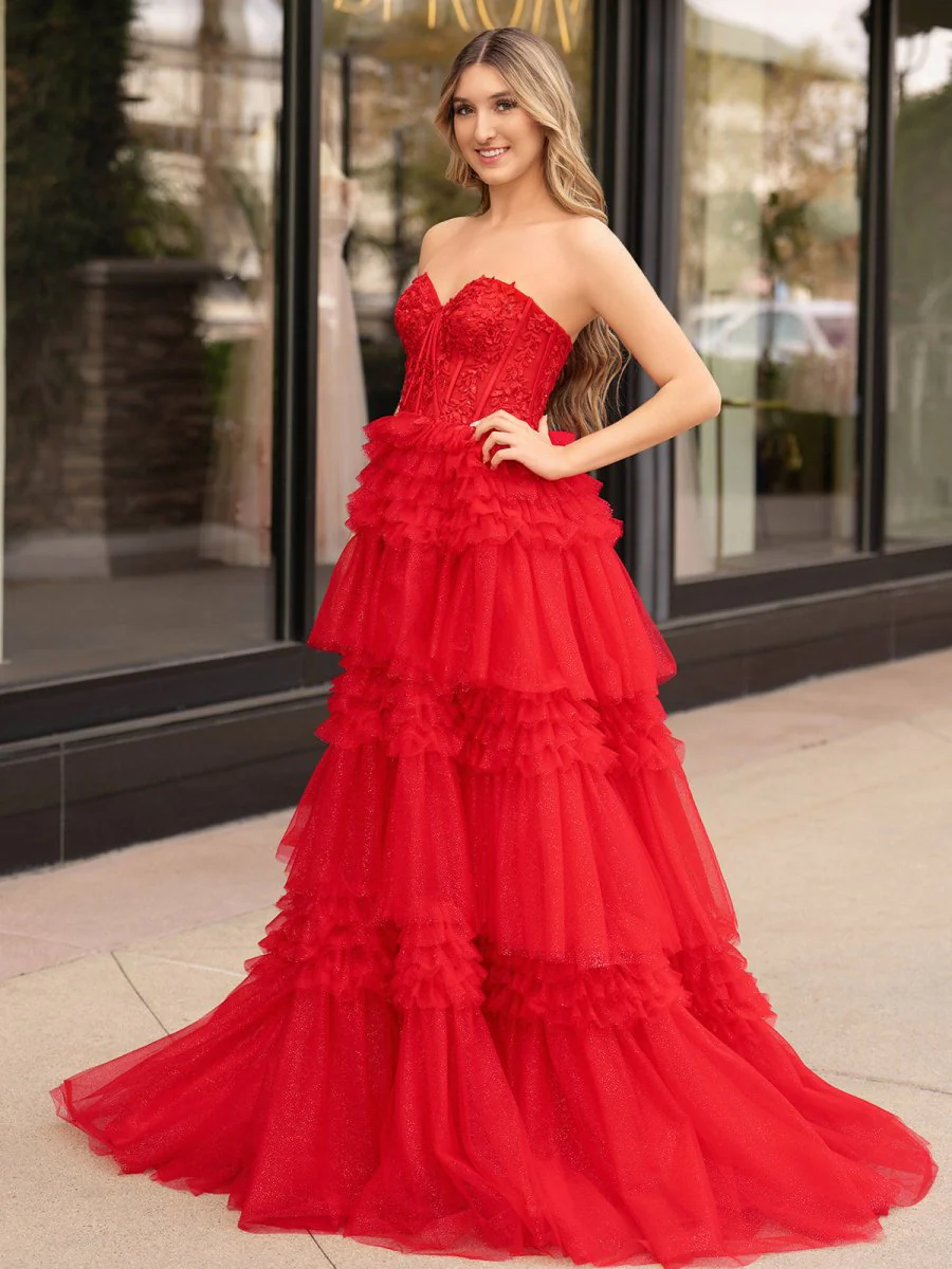 A-Line Sweetheart Tiered Long Tulle Prom Dress
