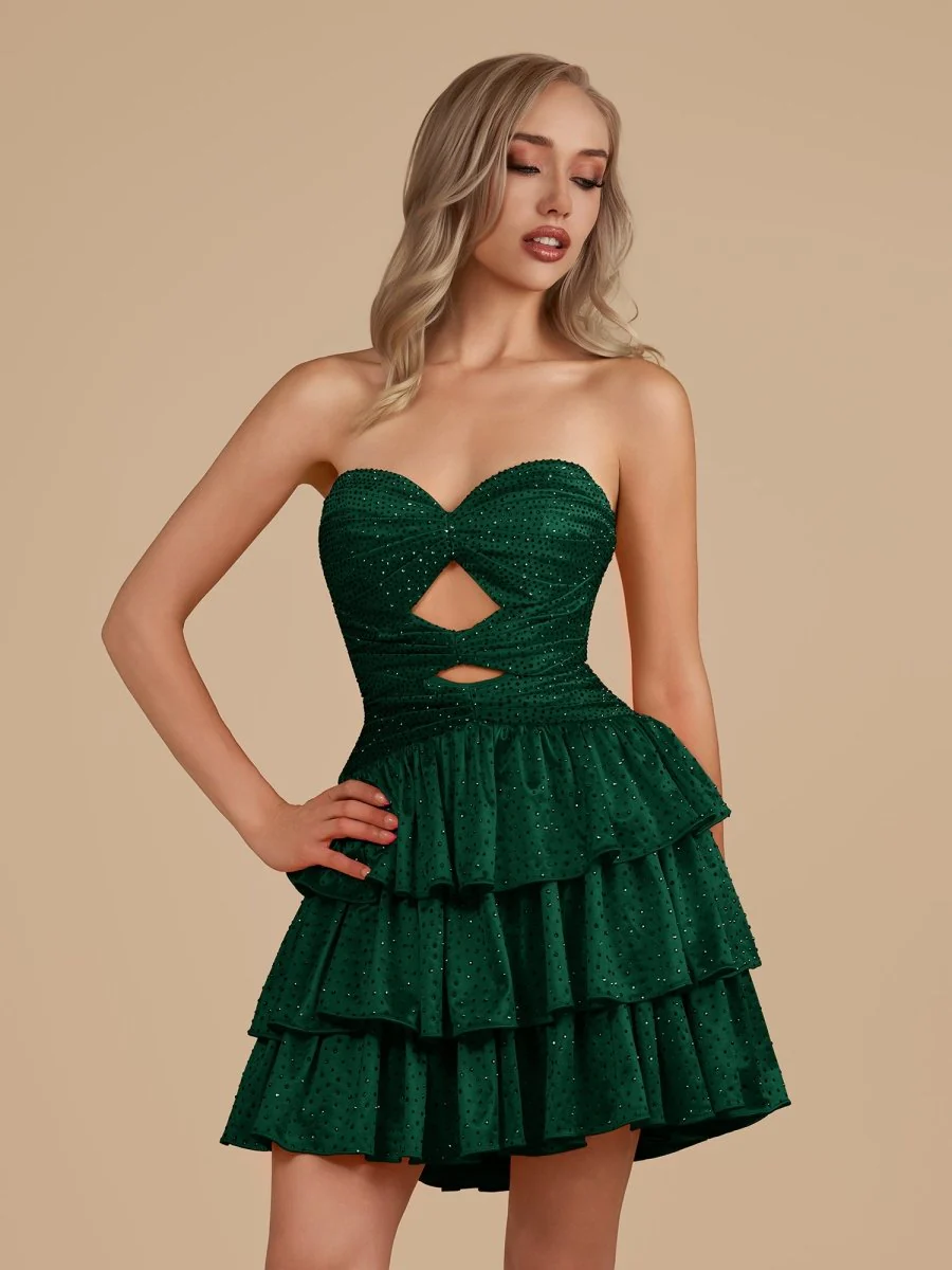 Dark Green - A Line Sweetheart Satin Cut Out Ruffled Homecoming & Cocktail Dresses with Beads