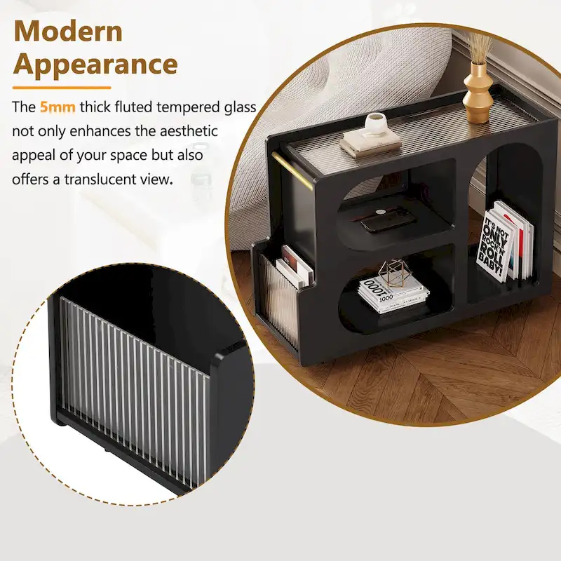 31.5  Modern Mobile End Table with 5mm Thick Fluted Tempered Glass, Lockable Wheels and Golden Round Rod