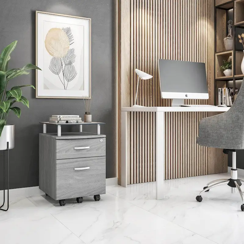 Rolling File Cabinet with Tempered Glass Top & Locking Drawers, Grey, MDF