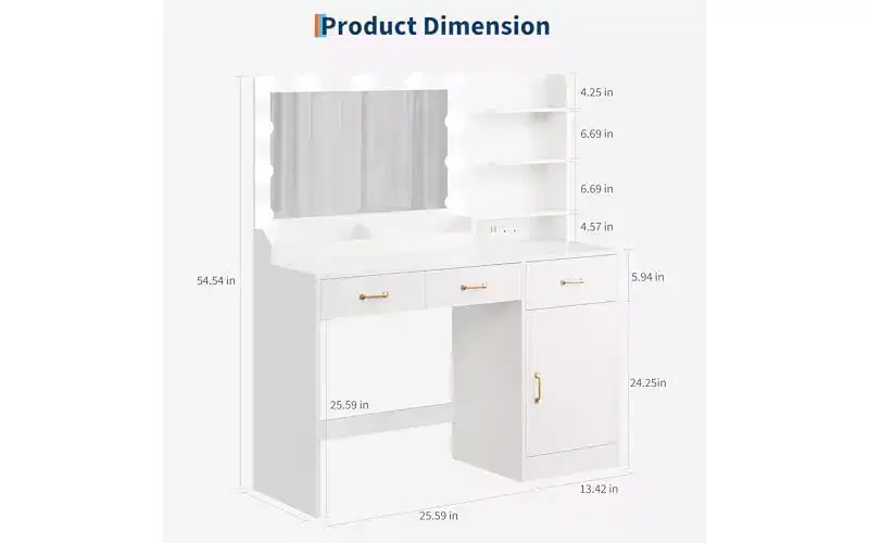 GustoWave Vanity Desk with Mirror and Lights, White Makeup Table 3 Large Drawers, Wooden Bedroom Dressing Table for Women Girls