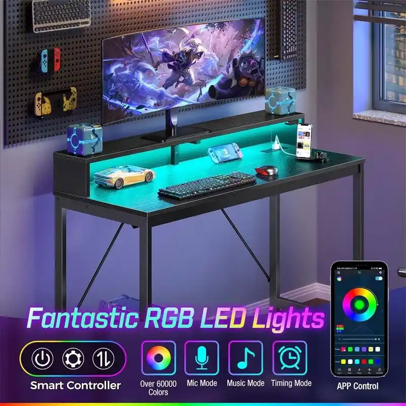 39-Inch Computer Desk with LED Lights and Built-In Power Strip