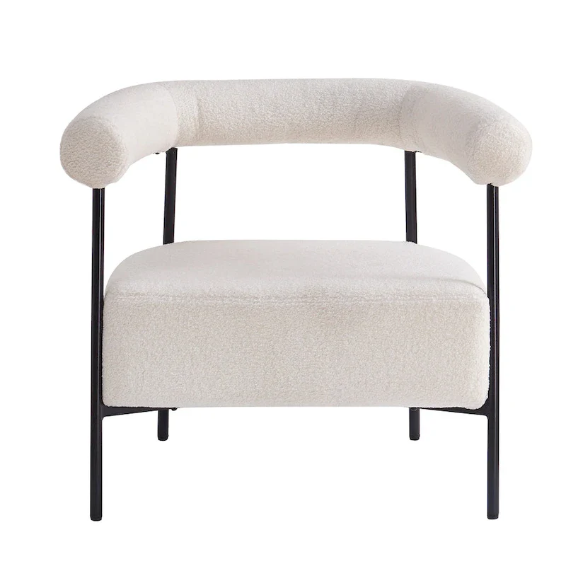 Modern Boucle Fabric Upholstered Accent Chair, Curved Armchair with Black Metal Frame