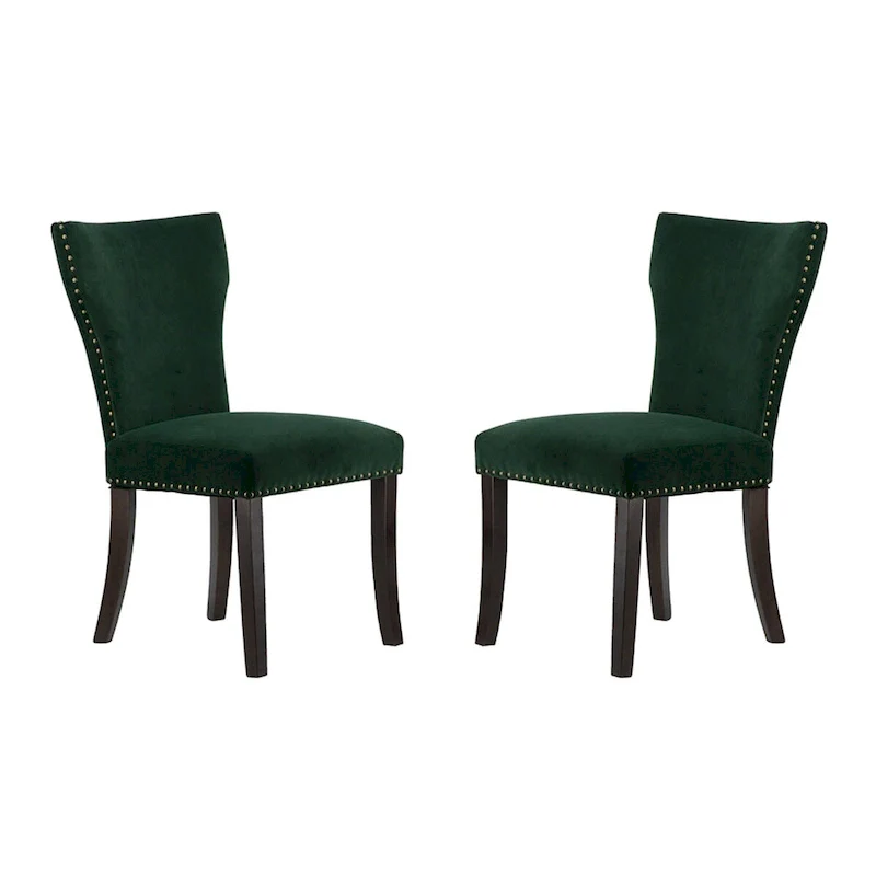 Green Velvet Armless Dining Chair with Gold Nailhead & Wood Legs, Set of 2